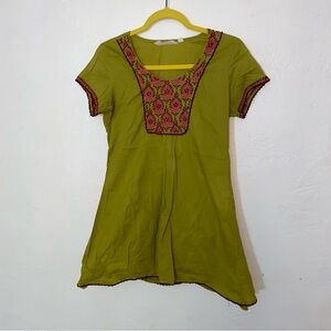 olive green cotton kurti tunic top embroidered detail patterns 100% Cotton M